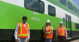 The last of 36 new Alstom bilevels has arrived at Go Transit’s Willowbrook Rail Maintenance facility in Etobicoke, Ontario. Pictured (left to right): Equipment Engineering Officer Tarique Alam; Faye Chen Naden, Metrolinx Director of Rail Fleet and Facilities Maintenance; and Steve Cavanaugh, Metrolinx Director of Fleet Engineering and Asset Management. (Metrolinx)