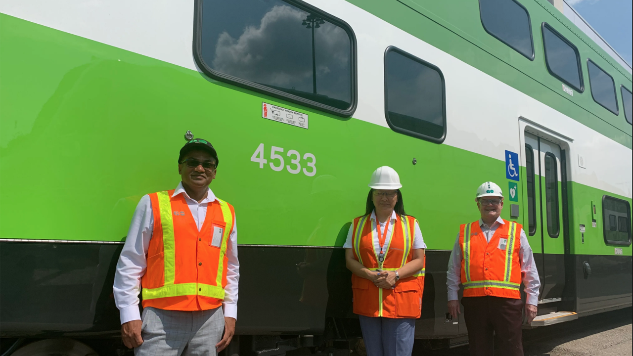 The last of 36 new Alstom bilevels has arrived at Go Transit’s Willowbrook Rail Maintenance facility in Etobicoke, Ontario. Pictured (left to right): Equipment Engineering Officer Tarique Alam; Faye Chen Naden, Metrolinx Director of Rail Fleet and Facilities Maintenance; and Steve Cavanaugh, Metrolinx Director of Fleet Engineering and Asset Management. (Metrolinx)
