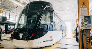 The first Alstom light rail vehicle has made its debut at the Finch West Maintenance and Storage Facility in northwest Toronto. It will start testing later this year on a portion of the 11-kilometer (6.8-mile) Finch West LRT line, which is slated to open in 2023. (Metrolinx photo)