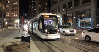 KC Streetcar operates a 2.2-mile route along Main Street in downtown Kansas City, Mo., from the River Market to Union Station/Crown Center. Six streetcars serve the route’s 16 stops. (Photograph: William C. Vantuono)