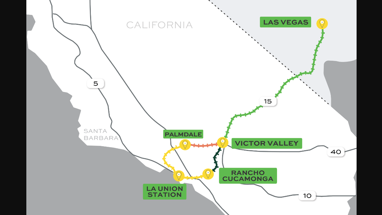 The proposed map of Brightline West, a high speed passenger rail service connecting Southern California and Las Vegas.