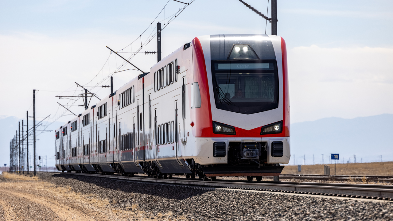 Caltrain’s Stadler-built KISS EMU (electric multiple unit) No. 1 is being tested at the Transportation Technology Center in Pueblo, Colo.