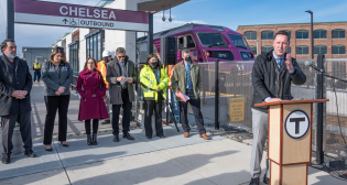 MBTA General Manager Steve Poftak on Dec. 15 hosted a ribbon-cutting ceremony for the new Chelsea commuter rail station with Massachusetts DOT Secretary and CEO Jamey Tesler and community leaders.