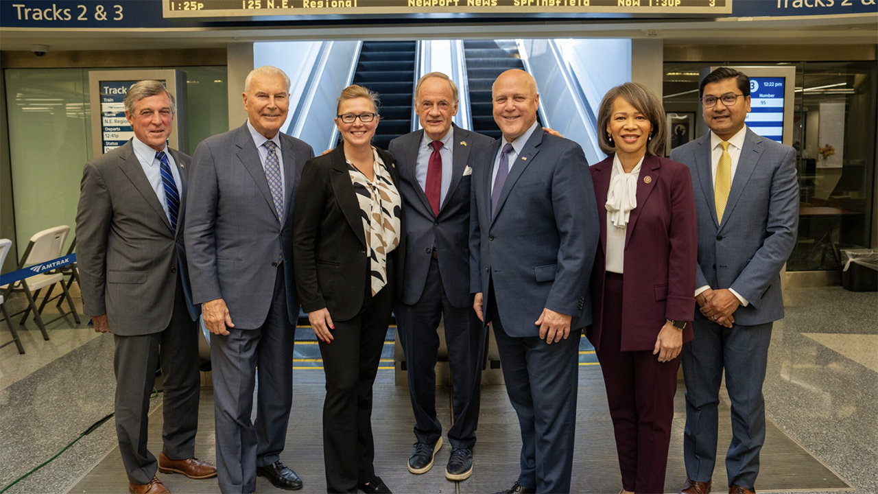 Amtrak this month celebrated completing accessibility improvements at Joseph R. Biden, Jr. Railroad Station in Wilmington, Del. Pictured, from left to right: Delaware Gov. John Carney, Wilmington Mayor Mike Purzycki, Amtrak EVP Laura Mason, U.S. Sen. Tom Carper (D-Del.), White House Senior Advisor Mitch Landrieu, U.S. Rep. Lisa Blunt Rochester (D-Del.), and FRA Administrator Amit Bose.